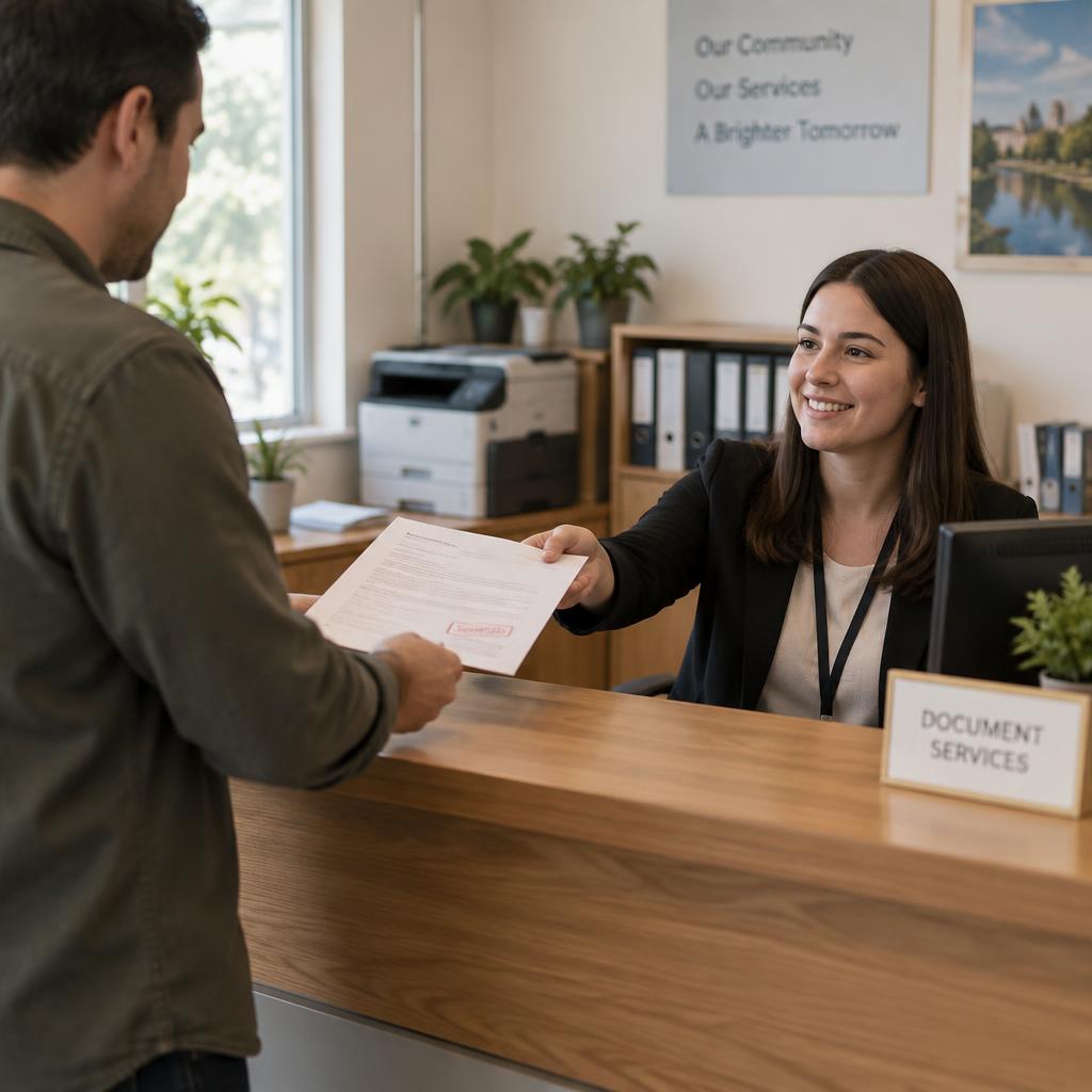 Atendimento no balcão entregando um documento carimbado